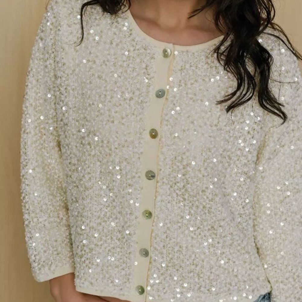 ZARA SEQUIN KNIT CARDIGAN BOAT NECK BUTTON FRONT NWT SIZE L - Picture 8 of 10